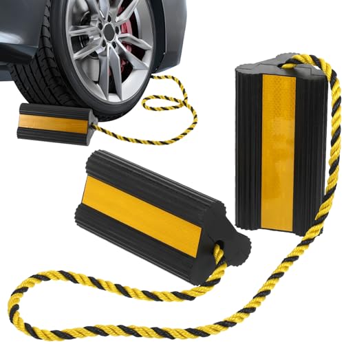 Image of Heavy Duty Wheel Chocks with Shock Absorber for Rv Trailers and Trucks Non Slip Rubber Tire Stoppers with Reflective Tape and Nylon Rope 60.75 Inch Stabilizer Blocks for Travel Trailers
