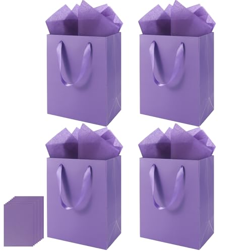 Epoesch 4 Pack Purple Gift Bags Handles and 8 Tissue Paper Medium Size 8 X 5 X10 Inch Paper Bag for Birthday Party Baby Shower Wedding Favors or Mothers Day Fathers Day