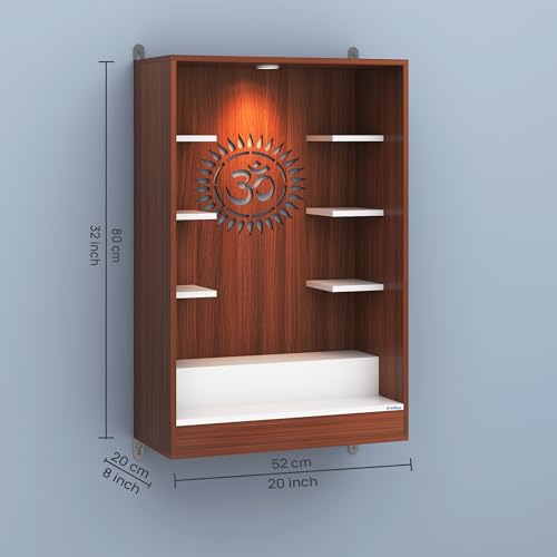 Image of Anikaa Niketana Wooden Wall Mount Mandir for Home | Pooja Temple with LED Light, Om Back Panel & 6 Shelves | Hindu Wooden Temple for Home & Office Decoration | Walnut /White (DIY), Size(32x20x8 Inches)