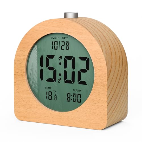 HOMVILLA Despertador Digital con Pantalla LCD de Temperatura y Fecha, Despertador Inteligente Madera a Pilas y Luz, Función Snooze de Repetición, Zumbador Fuerte (3 Baterías AAA Incluidas)