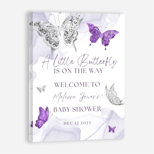 Personalized Baby Shower Welcome Sign, A Little Butterfly Is On The Way, Purple And Silver Butterfly, Welcome Poster