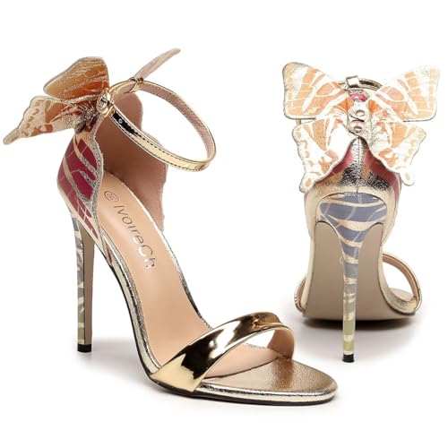 Women's Gold Sparkly Stiletto Heels - Butterfly Back Open Toe Ankle Strap Dress Sandals, Sexy High Heel Pumps for Party Wedding Evening Prom - Main Image