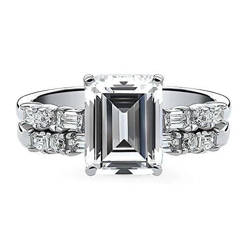 BERRICLE Sterling Silver Vintage Inspired Art Deco Wedding Engagement Rings 2.1 Carat Cubic Zirconia CZ Solitaire Ring Set for Women, Rhodium Plated2