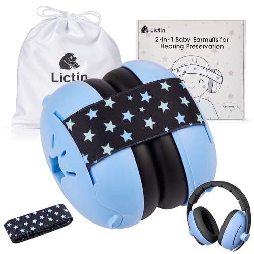 Lictin Gehörschutz Baby - 2-in-1 Baby Kopfhörer Lärmschutz 25dB - Baby Ohrenschützer Lärm Verstellbares Kopfband - Kopfhörer Babys Lärmschutz bis 48 Monate - Hörschutz Kinder Blau Stern