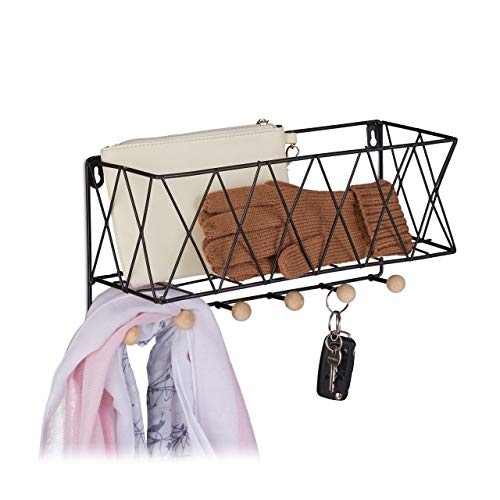 Relaxdays Wandregal mit Hakenleiste, Metall & Holz, Gitter-Design, Wandgarderobe 6 Haken, HBT: 17 x 36 x 13 cm, schwarz
