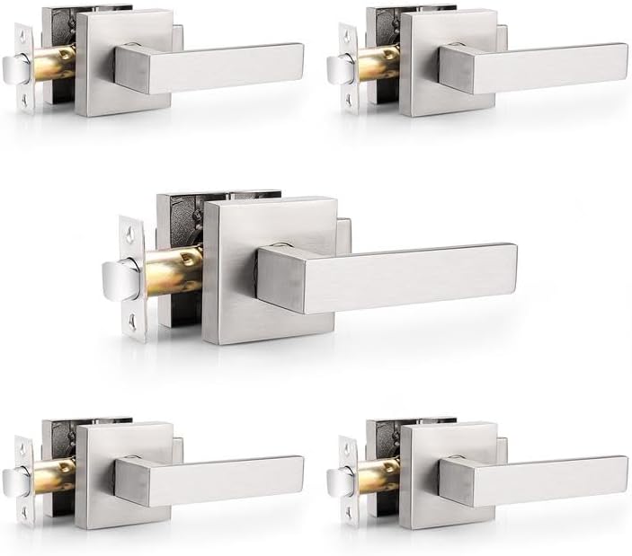 Probrico 5 Pack Hall and Closet Passage Door Levers in Satin Nickel Finish,Non-Locking Handleset,Keyless Feature,Modern Square Door Handles Interior Door Levers Hardware,Heavy Duty