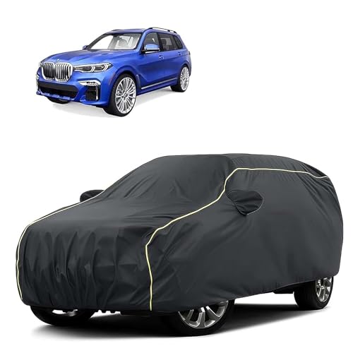 Image of Sulfar 100% Water Resistant Car Body Cover Compatible with Mirror for BMW X7 (Triple Stitched, Full Bottom Elastic, Dark Grey Tafetta with Yellow Piping)