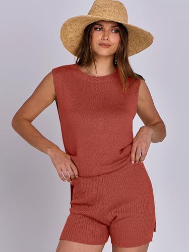 Image of ANRABESS Women Summer 2 Piece Outfits Sleeveless Knit Sweater Top & Shorts Soft Lounge Sets Travel Beach 2026 Spring Clothes Rust Small