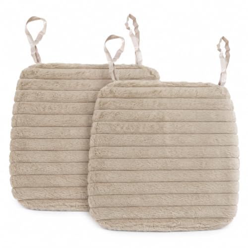 Image of Amazon Brand - Umi Light Taupe Faux Fur Chair Seat Cushions, 16x16 Inch Solid Fluffy Dining Chair Pads with Ties, Foam-Filled Neutral Office & Kitchen Chair Pads, Set of 2