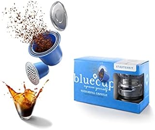 BLUECUP Reusable Capsules Nespresso, Refillable Pods Compatible with Nespresso Machines (Original line), Durable, Starter Pack [2 Reusable Capsules + 100 lids + 1 pod Sealer + 1 Spoon]
