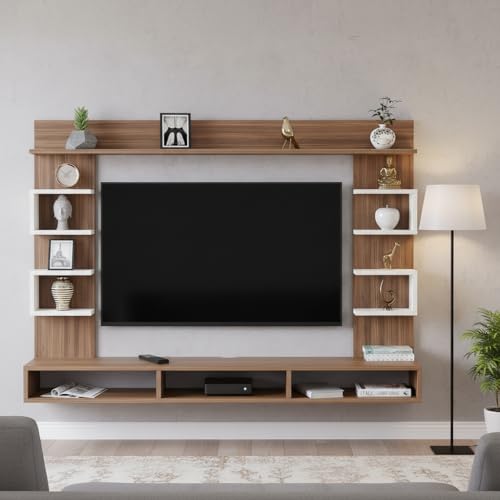 Image of FURNEASER Steven Wall Mount TV Unit for Living Room Wooden Entertainment Center with Storage Shelves Modern TV Panel Stand Showcase for up to 43 Inch Media Console Cabinet Exotic Teak & White