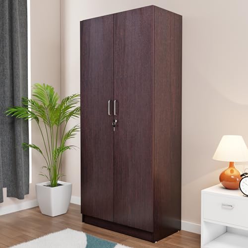Image of VIKI Wardrobe | Mawlynnong Wardrobe | Wooden Almirah for 2 Door Wardrobe with 2 Shelves & Hanging Space (Dark Wenge - 40D x 80W x 180.8H) | 1 Year Warranty | Free Assembly