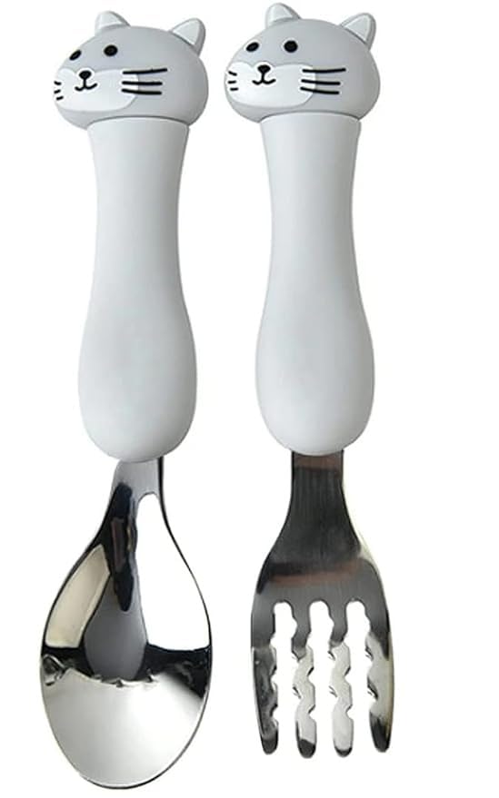 Image of Bekner Kids Cutlery Set, Stainless Steel Spoon and Fork with Animal Design Handles, 14.7 cm, Multicolor, Pack of 2 (Grey)