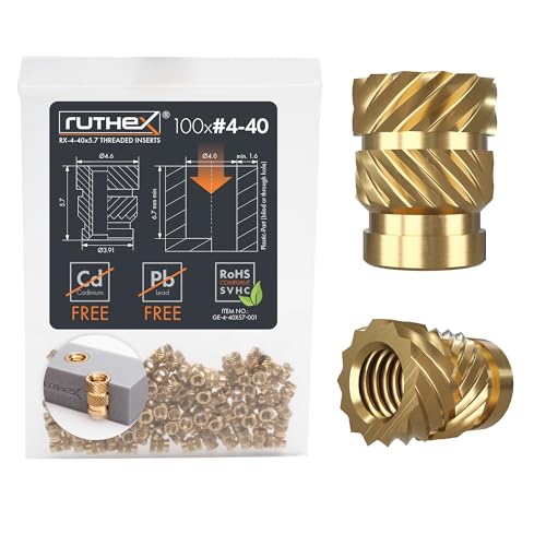 ruthex #4-40 Threaded Inserts - 100 Pieces RX-4-40x5.7 Brass Heat Set Insert for Plastic Parts - Inches UNC knurled Nuts - Insert by Heat into 3D Printing Components
