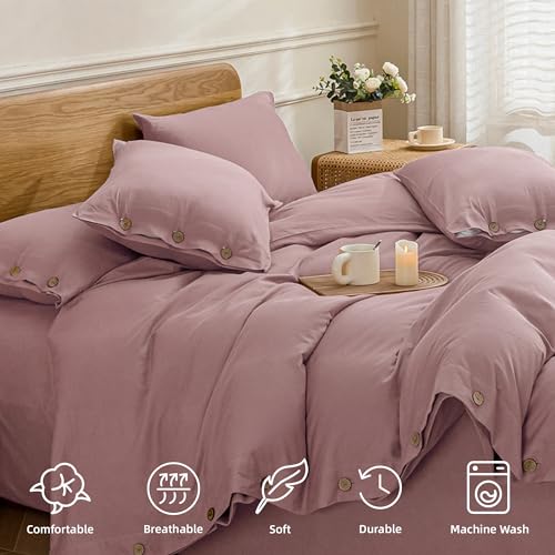 Image of JELLYMONI Cotton Duvet Cover Cal King Size - Pink Comforter Cover with Button 100% Washed Cotton 3PCS Breathable Soft Solid Bedding Set Duvet Cover 104x98in & 2 Pillowcases (NO Comforter)