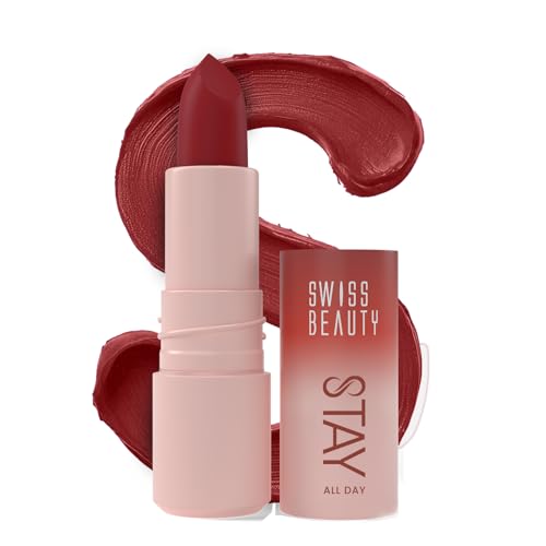Image of Swiss Beauty Stay All Day Lipstick | 12-Hour Stay | Transfer-Proof | Matte Finish | With Vitamin E & Shea Butter | Shade- 5. Bossy, 4g