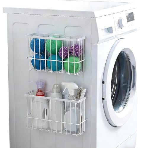 2 Pack Magnetic Dryer Ball Holder, Large Capacity Laundry Room Organizer Basket, Rust-Proof Iron Storage Bin for Dryer Balls, Lint, and Pods, Strong Magnetic Attachment for Washer or Fridge (White)