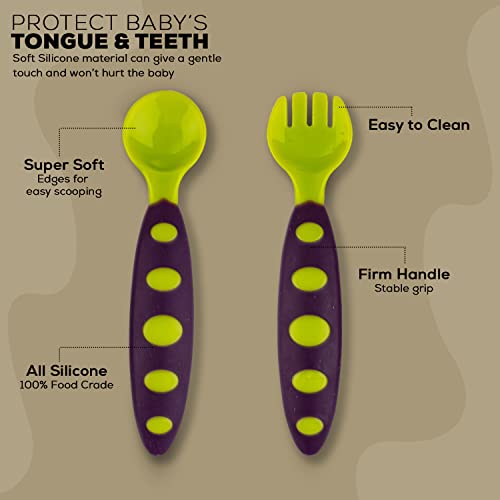 Image of Baybee Silicone Baby Feeding Spoons Set of 2 | Bpa Free- Food Grade Soft Silicone Tip Spoon & Fork Self Feeding Utensil | Baby & Toddlers Gum Friendly Weaning Supplies for Kids 1 Months+ (Green)
