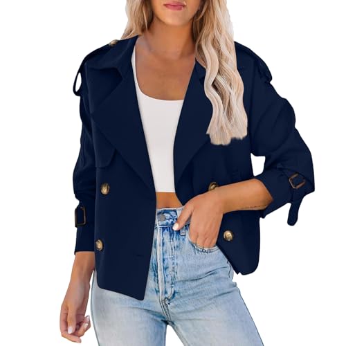 Image of bawilom Womens Crop Double Breasted Trench Coat Raglan Sleeve Work Office Cropped Jacket With Pockets Spring Fall Outerwear