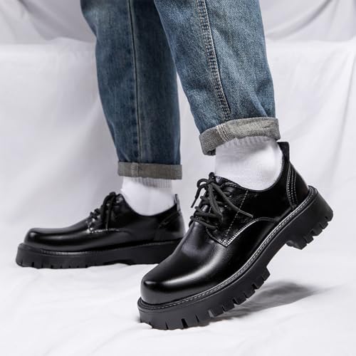 Men's Leather Lace Up Platform Oxfords Round Toe Chunky Heel Lug Sole， Heightening Soft Bottom Casual Shoes Classic Work Office Business Dress Shoes4