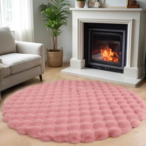 Round Fluffy Rug for Living Room, Luxury Soft Shaggy Faux Fur Area Rugs for Bedroom, Modern Indoor Washable Furry Plush Carpet Anti-Skid Floor Mats for Home Decor (Pink, 120cm)