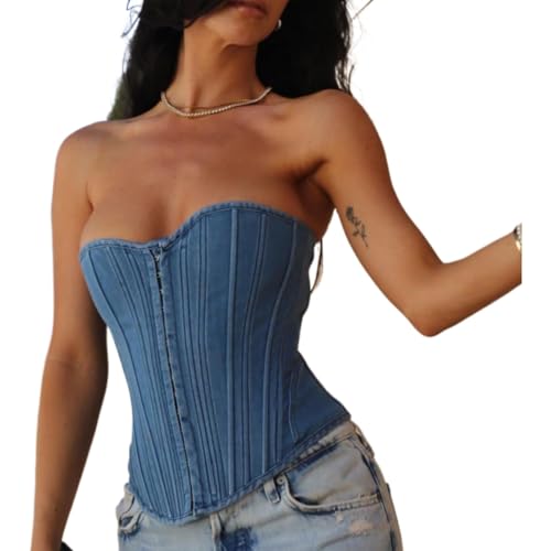 Cvokrpy Denim Corset Top for Women, Denim Tube Top Sexy Sleeveless Slim Front Hook Waist Cincher Bustier Jean Corset Tops