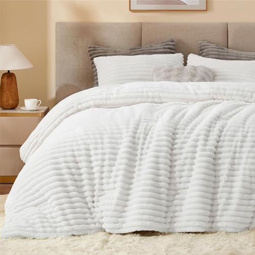 Image of BEDELITE Fleece Oversized Queen Comforter Set -Super Soft & Warm Fluffy Bright White Bedding, Luxury Fuzzy Heavy Bed Set for All Season with 2 Pillow Cases