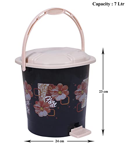 Image of Kuber Industries Durable Floral Print Plastic Pedal Dustbin|Waste Bin|Trash Can For Kitchen & Home With Handle,7 Litre (Black)