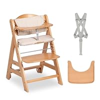 hauck Beta+, Natural - Wooden High Chair Set from 6 Months to 90 kg - with Wheels, Seat Cushion, Wooden Tray & Bumper Bar, 5 Point Harness & Crotch Strap - Made from FSC Certified Beechwood