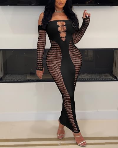 Women's Dress Sexy Club Dress Elegant Long Sleeve Off Shoulder Hollow Out Mesh Bodycon Party Dresses4