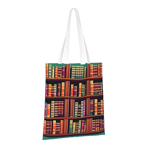 Library Bookshelf Print Polyester Canvas Tote Bag, Shopping Bag With Reinforced Handles, Reusable2