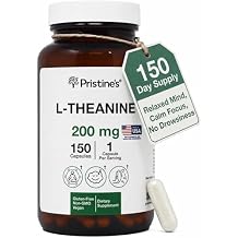 PRISTINES L Theanine 200mg Supplement Capsules - 3rd Party Tested Non GMO -150 Day Supply - Relaxation & Sleep Quality Support Capsules - Vegan, cGMP Facility & Gluten Free Glass Bottles