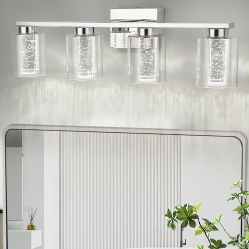 Image of GarveeTech Bathroom Light Fixtures, 4-Light Chrome Vanity Lights-3 Color Dimmable Vanity Light with Crystal Bubble and Clear Glass, Bathroom Lighting Fixtures Over Mirror for Bedroom Living Room