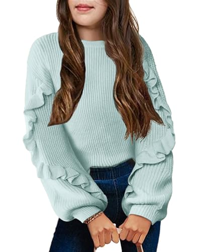 Arshiner Mädchen Pullover Laternenärmel Kinder Warm Strickpullover Lose Rundhals Winter Langarm Oberteile für Mädchen 9-10 Jahre Hellblau