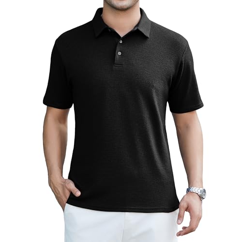 WARHORSEE Golf Polo Shirts for Men Short Sleeve Wrinkle Free 4 Way Stretch Moisture Wicking Performance Collared Tshirts,Z Black,XXL