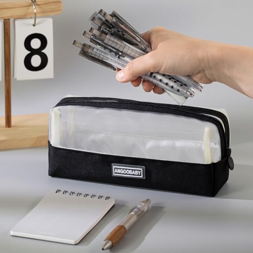 Image of ANGOOBABY Mesh Pencil Bag Clear pencil case Zipper Pouch Bags Multifunctional Pencil Holder for Students, Small Makeup Bag Suitable for Teen Girls & Boys (Black)