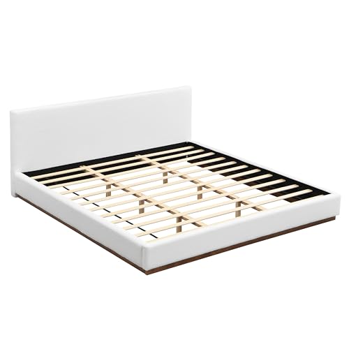 Image of Merax King Size Boucle Upholstered Bed Frame with Thick Headboard, Minimalism White Upholstery Platform Bed for Bedroom, Apartment, Solid Wooden Slats Support, No Box Spring Needed, Low Profile Design