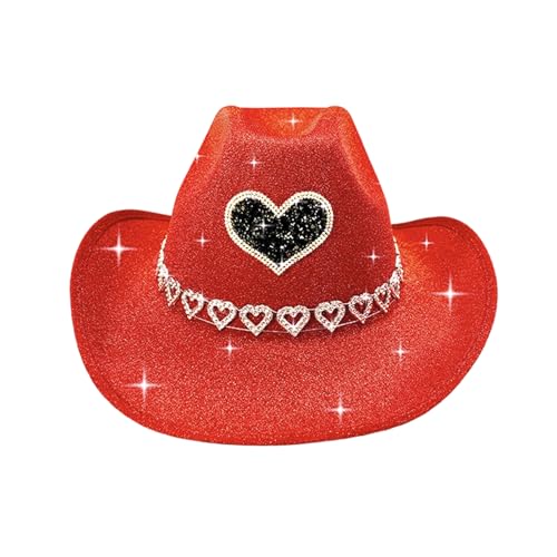 Adults Glitter Western Cowgirl Hats with Rhinestones Fashionable Wide Brim Caps for Outdoor Vacation (Red, ONE Size)
