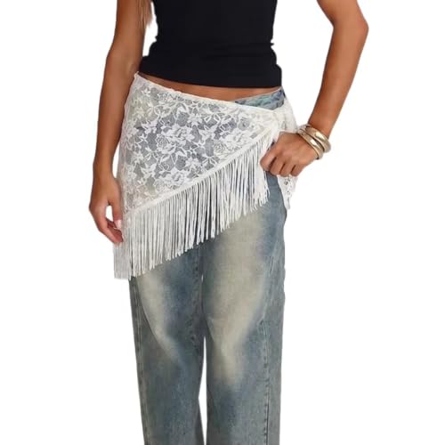 NVRENJIA Women Tie Waist Tassel Belt Lace Floral Fringe Hip Scarf Y2k Sheer Mesh Wrap Festival Boho Mini Cover Up (White One Size)