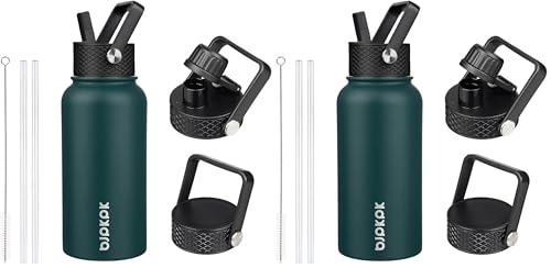 Image of BJPKPK Insulated Water Bottles with Straw Lid, 27oz Stainless Steel Water Bottle with 3 Lids, Leak Proof BPA Free Metal Thermos Mug, Sports Water Bottle Keep Cold & Hot- Army Green (Pack of 2)