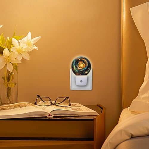 Image of LED Night Lights Lamp with Dusk to Dawn Sensor, Orange-Blue Rotating Galaxies Night Light Plug Into Wall for Kids Room, Bedroom, Bathroom, Kitchen, Hallway