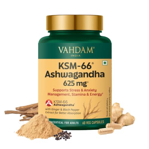 Image of VAHDAM KSM-66 Ashwagandha Capsules | 600mg Root Extract, 5% Withanolides | Supports Stress, Cortisol & Stamina | 60 Veg Capsules