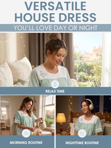 Image of Casual Nights Women's Snap - Front House Dress Short Sleeve Woven Housecoat Duster Lounger Robe with Pockets