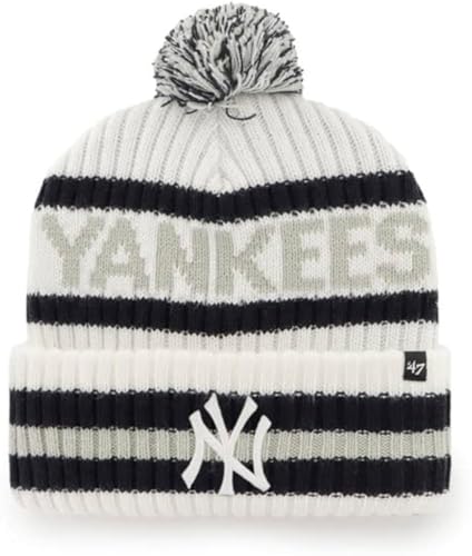 47 MLB Unisex-Adult Primary Logo Bering Cuffed Knit Pom Beanie Hat One Size (US Alpha One Size New York Yankees - White)