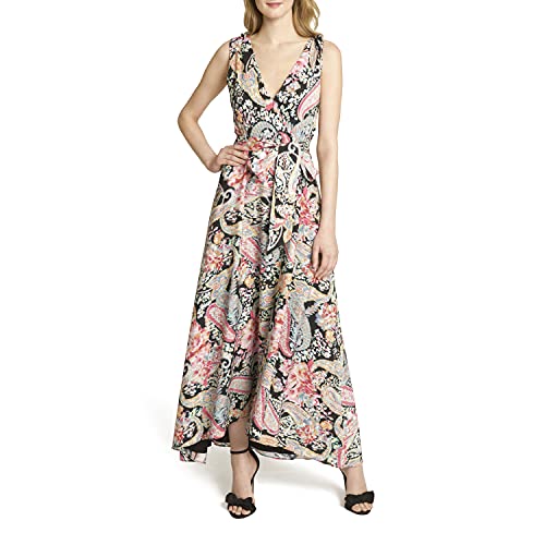Tahari ASL Dresses Sleeveless Tie Shoulder Surplus Maxi Dress, Black Pink Paisley, 12