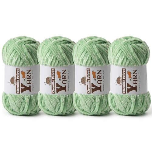 Image of 4 Pack Plush Chenille Chunky Yarn - Fluffy Velvet Yarn Crochet for Blanket Knitting and Crocheting - Soft Baby Yarns for Crocheting - Amigurumi Crochet Yarns 100g (87yds) (4 Light Green)