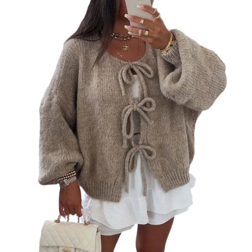 Image of Women Casual Bow Tie Front Cardigan Sweater Solid Crew Neck Long Sleeve Self Tie Open Front Knit Sweater Top Fall