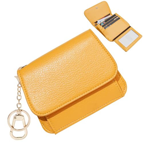 Image of Women Small Wallet RFID Blocking Slim Wallet with Coin Pocket Tri-Fold Credit Card Holder with ID Window and Keychain(Light Yellow)