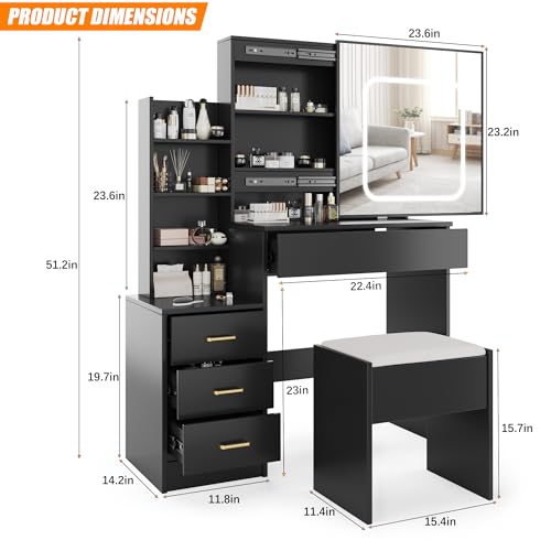 Vanity Desk with Sliding Mirror and Lights, Makeup Vanity Set with 4 Drawers, Stool, Power Outlet, Open Shelves, 3 Color Adjustable Lighting Modes, Makeup Dressing Table for Bedroom, Black