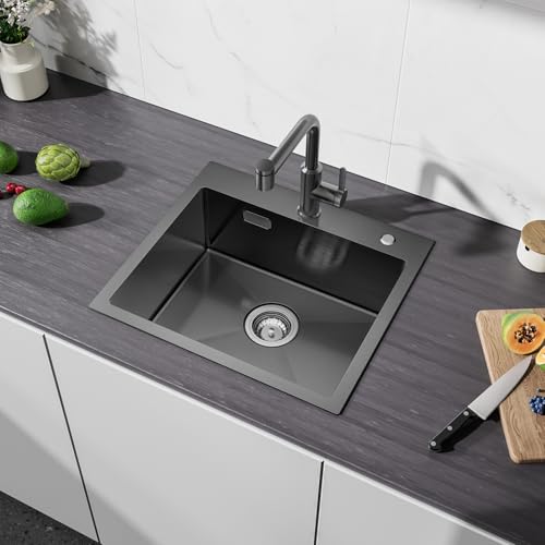 CECIPA 50x45 Cm Évier Inox 1 Bac Noir-Gris À Poser, Evier Cuisine 1 Bac Anthracite Pour Meuble De 50cm Et Plus, Evier Inox Noir À Encastrable Avec Siphon & Trop-Plein